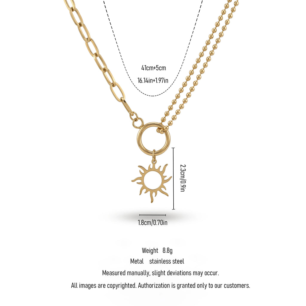 QIAOREN 11349 Trendy Dainty Boho Sun Pendant Layered Necklace 18K Gold Plated Stainless Steel Party Jewelry
