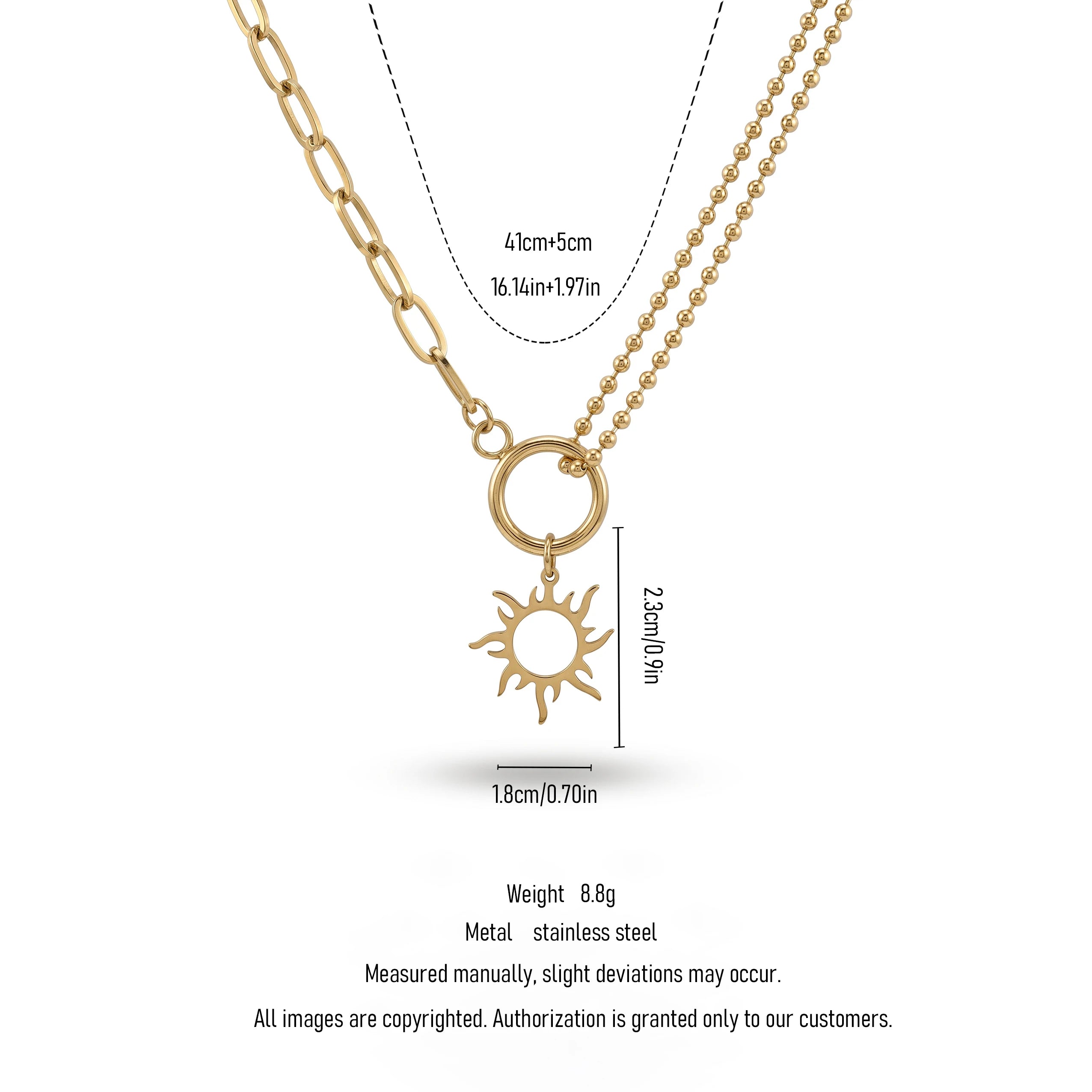 QIAOREN 11349 Trendy Dainty Boho Sun Pendant Layered Necklace 18K Gold Plated Stainless Steel Party Jewelry