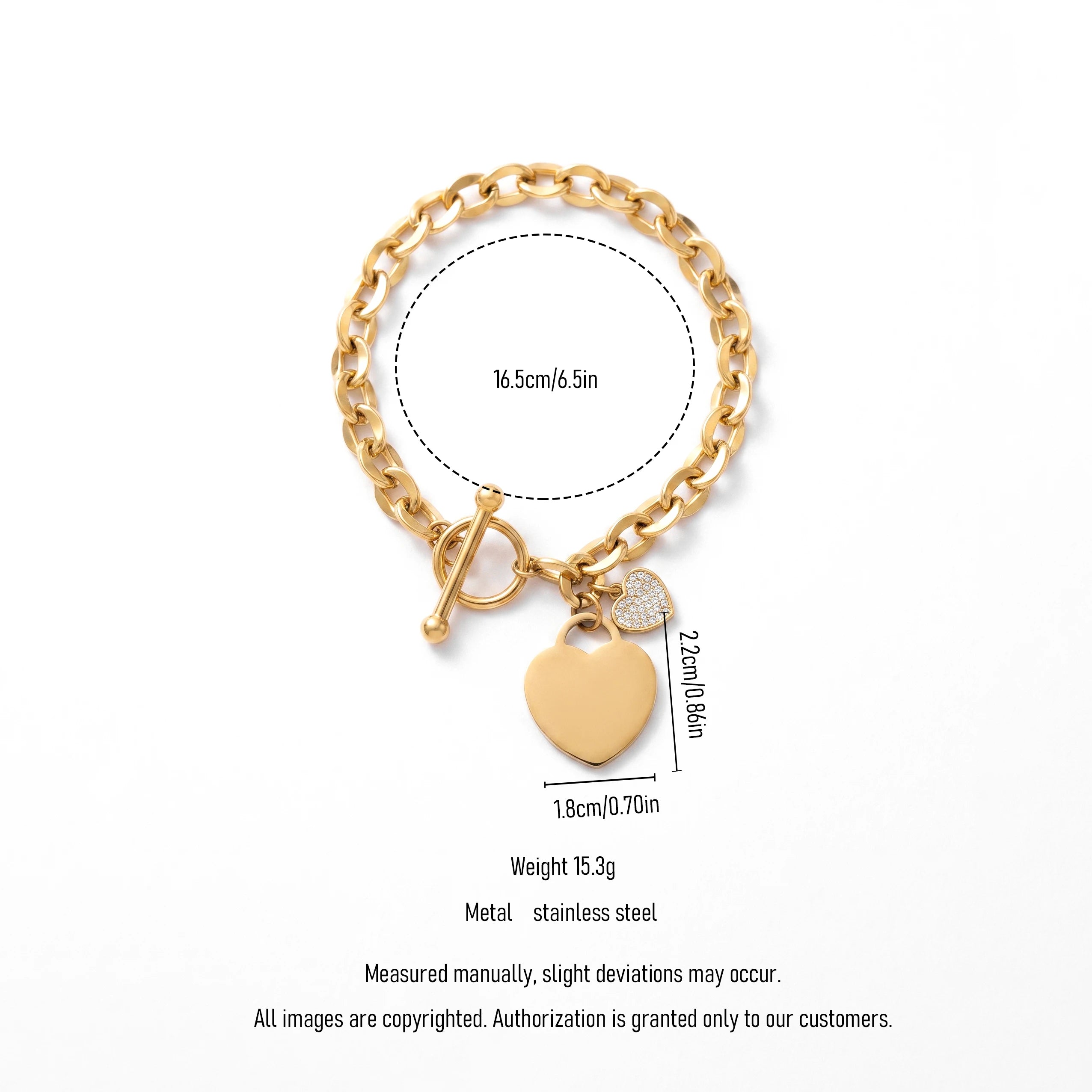 QIAOREN 13369 Gold Plated Stainless Steel Heart Charm Toggle Clasp Cuban Link Bracelet Statement Jewelry for Women