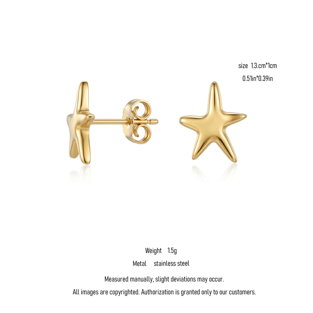 QIAOREN 10905 Tarnish Resistant Stainless Steel Starfish Earrings Hypoallergenic 18K Gold Plated Stud Earrings Trendy for Women