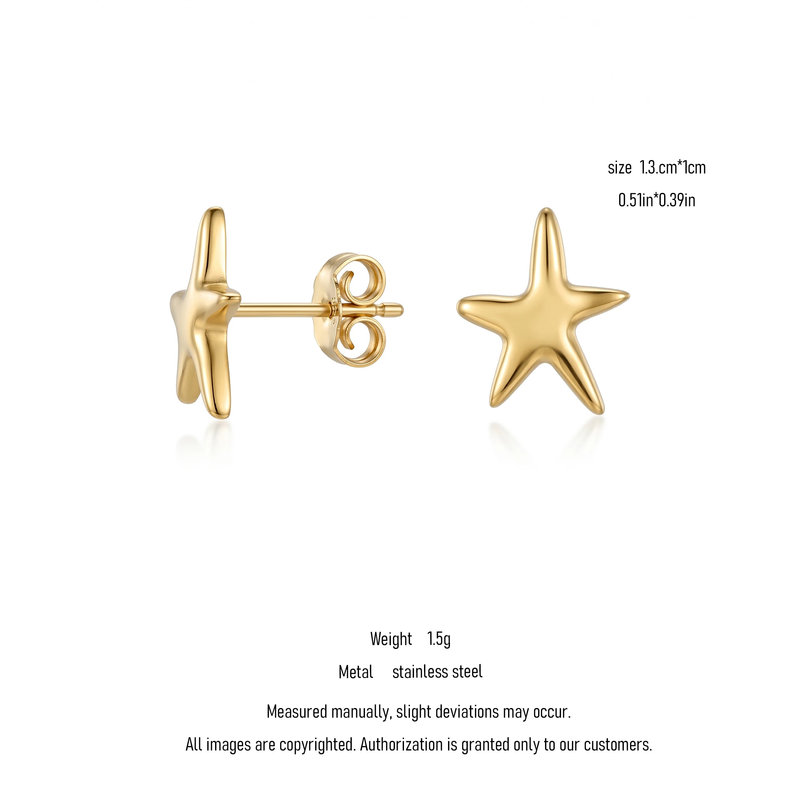 QIAOREN 10905 Tarnish Resistant Stainless Steel Starfish Earrings Hypoallergenic 18K Gold Plated Stud Earrings Trendy for Women