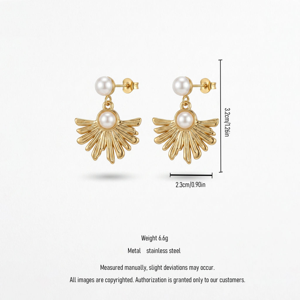 QIAOREN 13218  Gold Plated Pearl Shell Drop Earrings for Women Stainless Steel Sunburst Statement Fashion Jewelry
