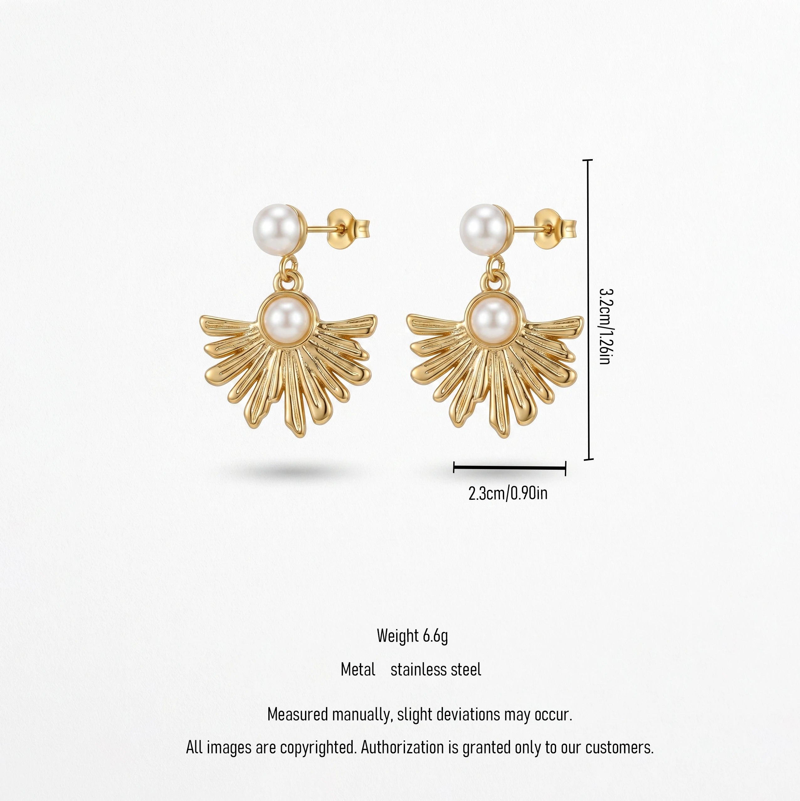QIAOREN 13218  Gold Plated Pearl Shell Drop Earrings for Women Stainless Steel Sunburst Statement Fashion Jewelry