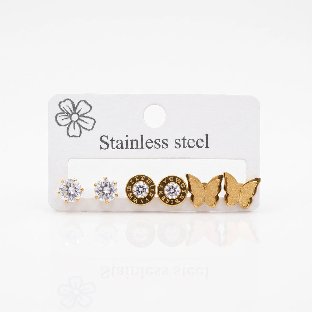 QIAOREN 14465 3 Pair  Gold Stainless Steel Stud Earrings Set, Round Prong CZ, Roman Numeral Disc & Textured Butterfly Studs