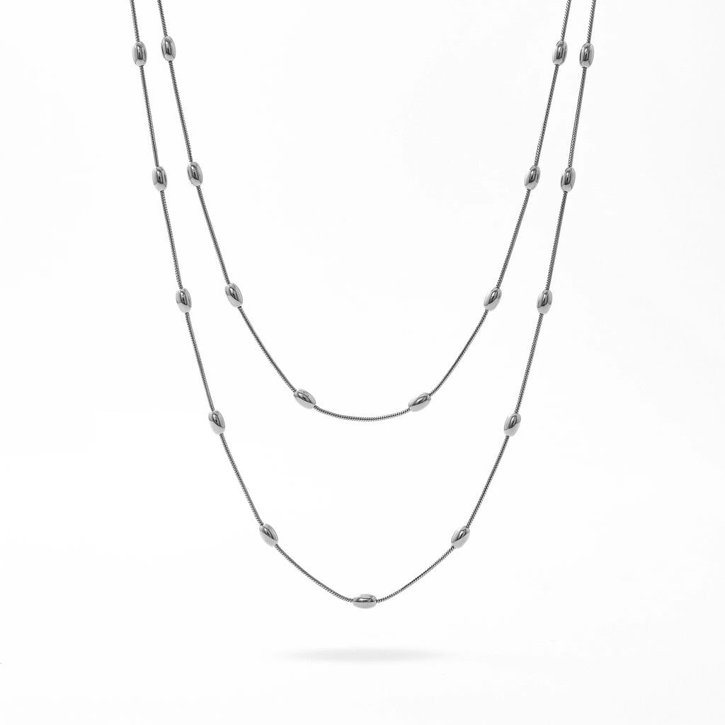QIAOREN 13568 Gold Stainless Steel Layered Long Chain Necklace with Beaded Station Design Minimalist Fashion Jewelry for Women