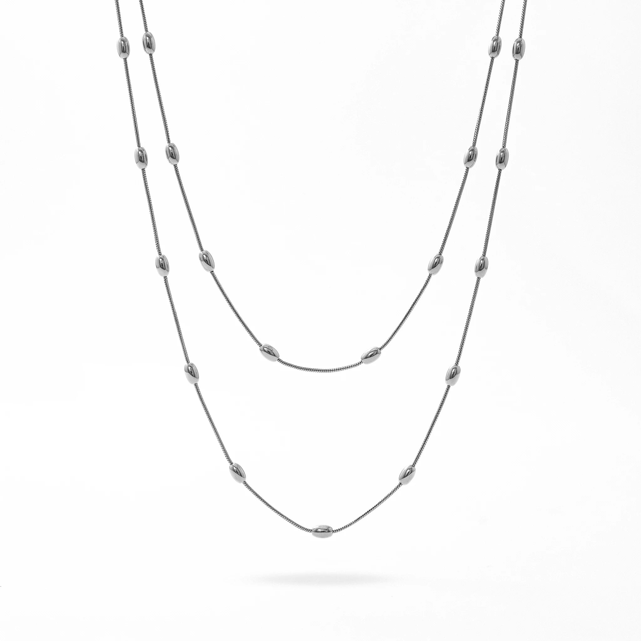 QIAOREN 13568 Gold Stainless Steel Layered Long Chain Necklace with Beaded Station Design Minimalist Fashion Jewelry for Women