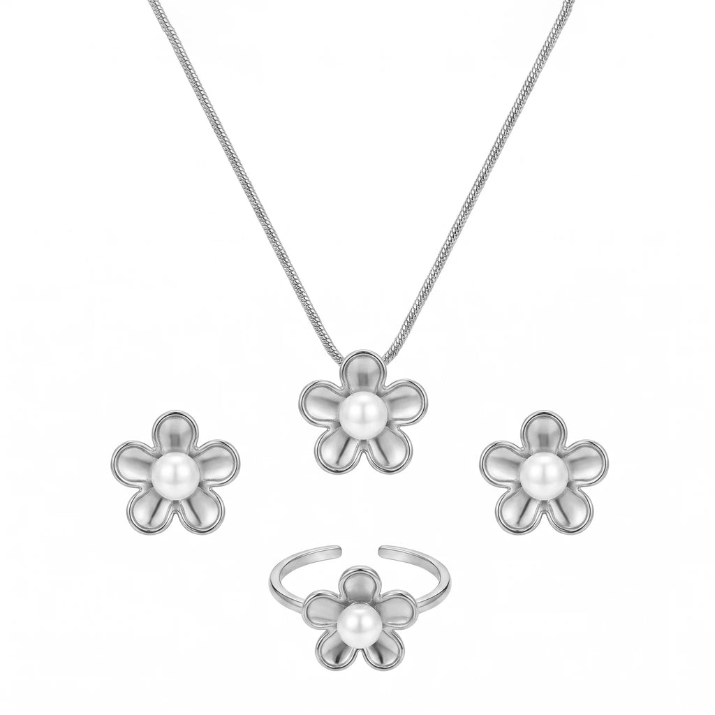 QIAOREN 11634 Hypoallergenic 18K Gold Plated Stainless Steel Puffy Daisy Flower Women's Jewelry Set Pearl Snake Chain Necklace