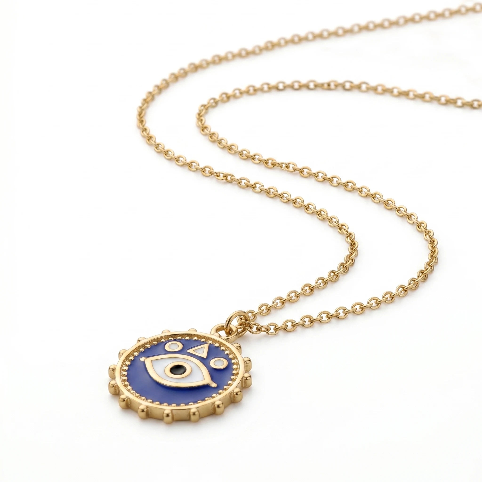 QIAOREN  12816 Tarnish Free 18K Gold Blue Necklace Round Nazar Medallion Pendant 316L Surgical Steel Spiritual Jewelry