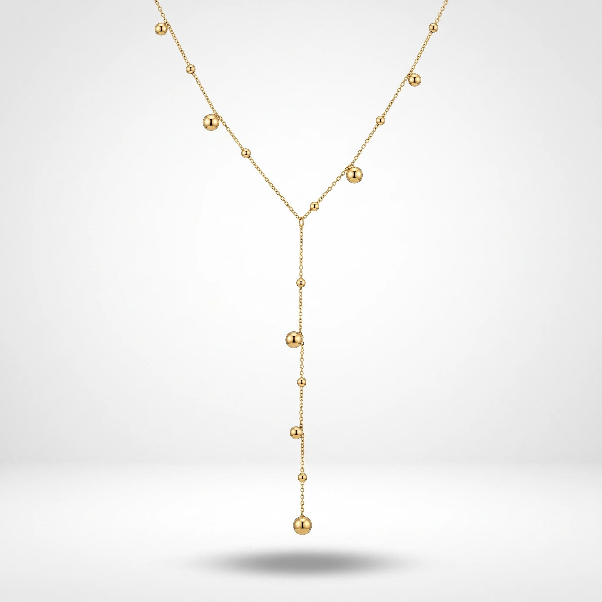 QIAOREN 13506 Minimalist Y Drop Beaded Ball Station Necklace, Multi Size Smooth Gold Spherical Charms Thin Cable Chain