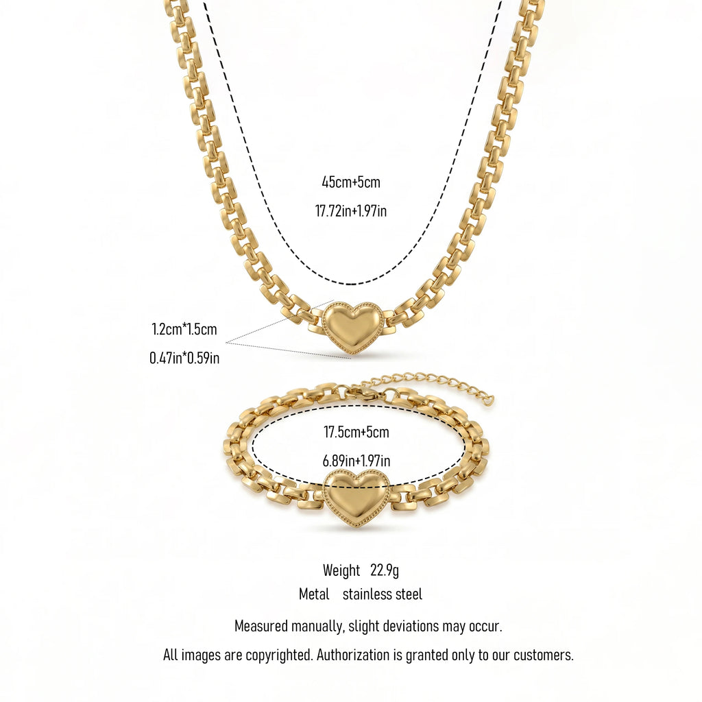 QIAOREN 11626 Tarnish Free 18K Gold Stainless Steel Embossed Heart Jewelry Set Chunky Chain Necklace Bracelet