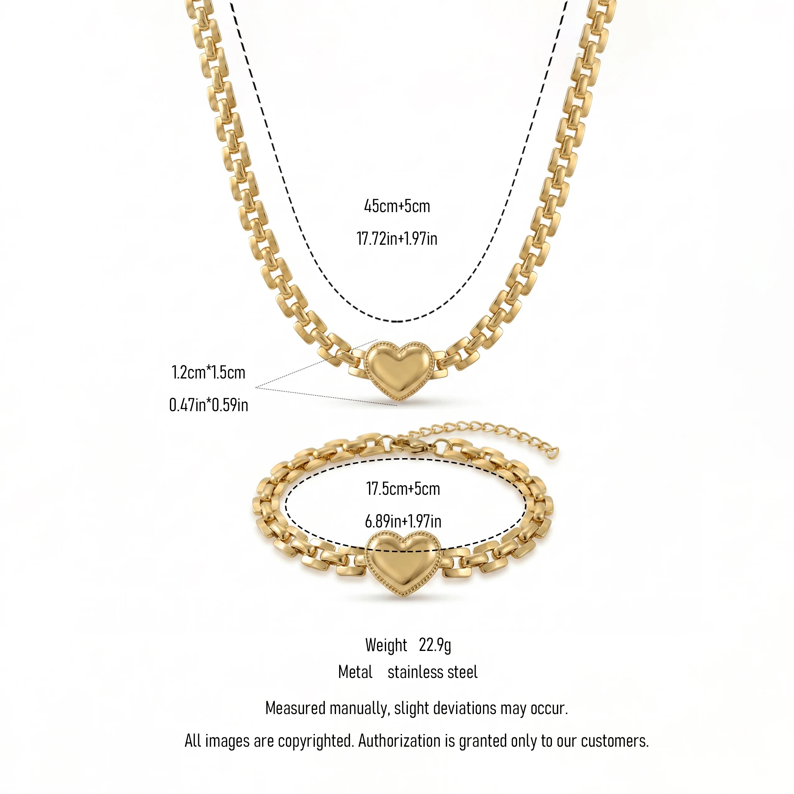 QIAOREN 11626 Tarnish Free 18K Gold Stainless Steel Embossed Heart Jewelry Set Chunky Chain Necklace Bracelet