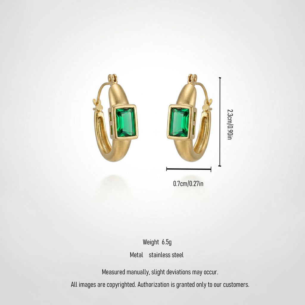 QIAOREN 12432  Emerald Green Hoop Earrings Gold Stainless Steel Bezel Set Rectangular CZ Huggie Hoops US EU