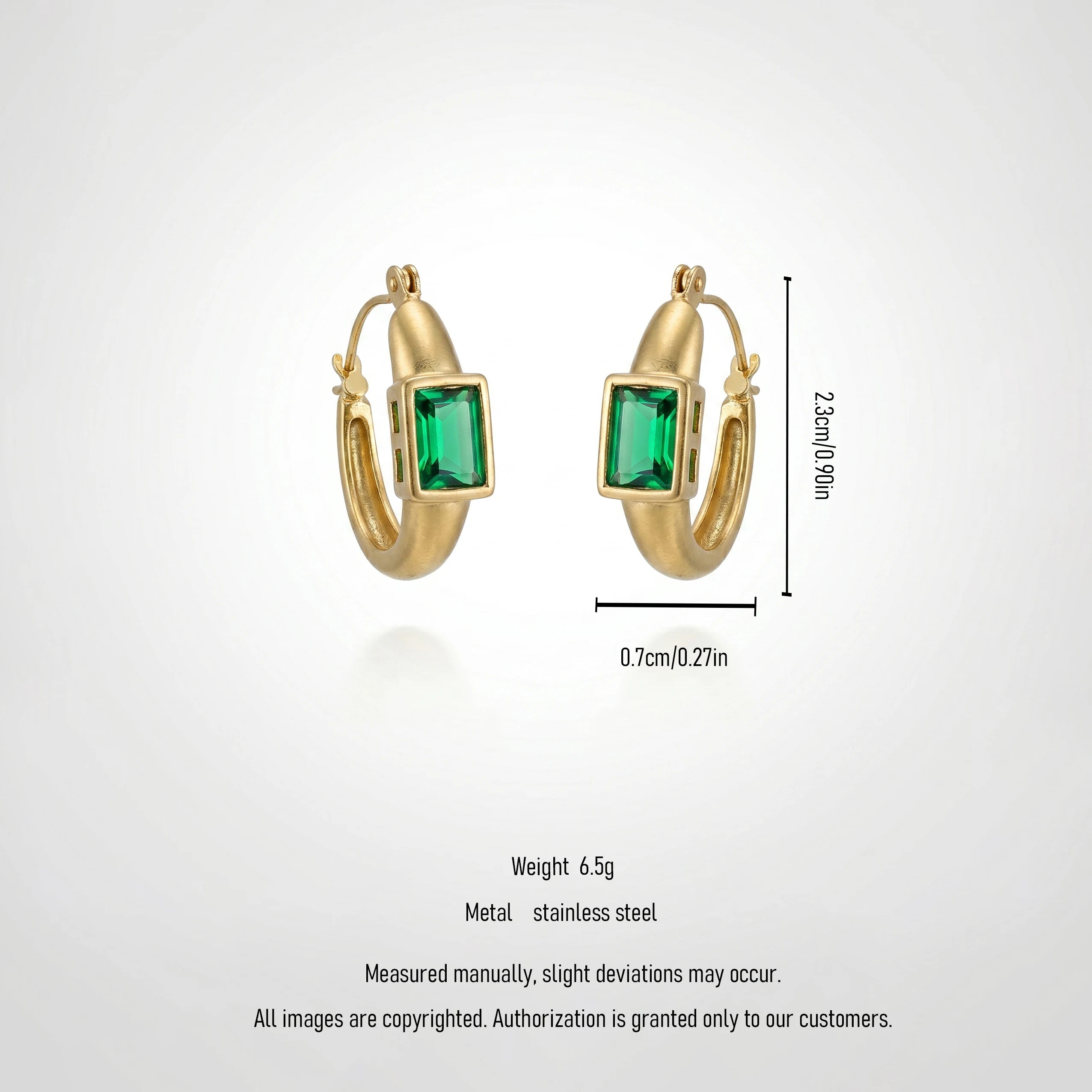 QIAOREN 12432  Emerald Green Hoop Earrings Gold Stainless Steel Bezel Set Rectangular CZ Huggie Hoops US EU