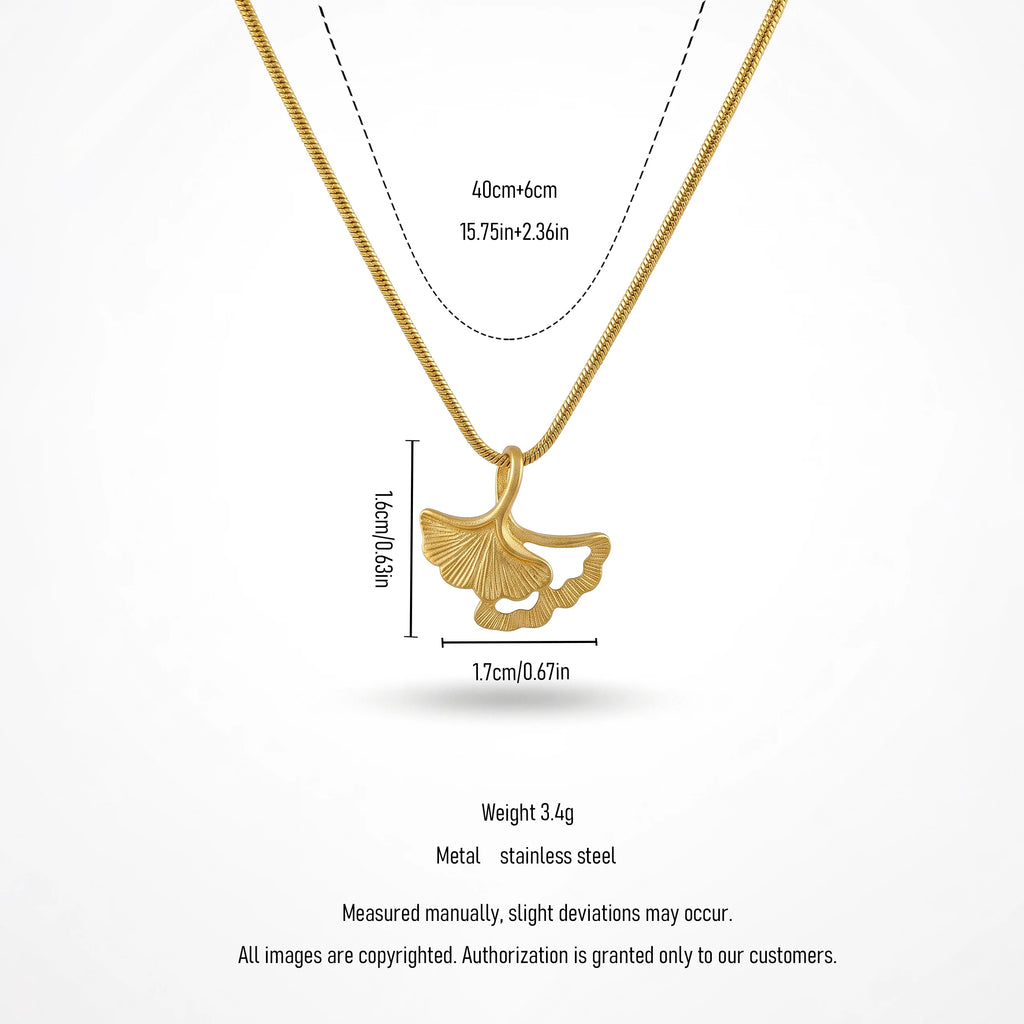 QIAOREN 13714 Snake Chain Pendant Necklace with Matte Hollow Double Ginkgo Leaf Charms, Textured Vintage Gold Collar Jewelry