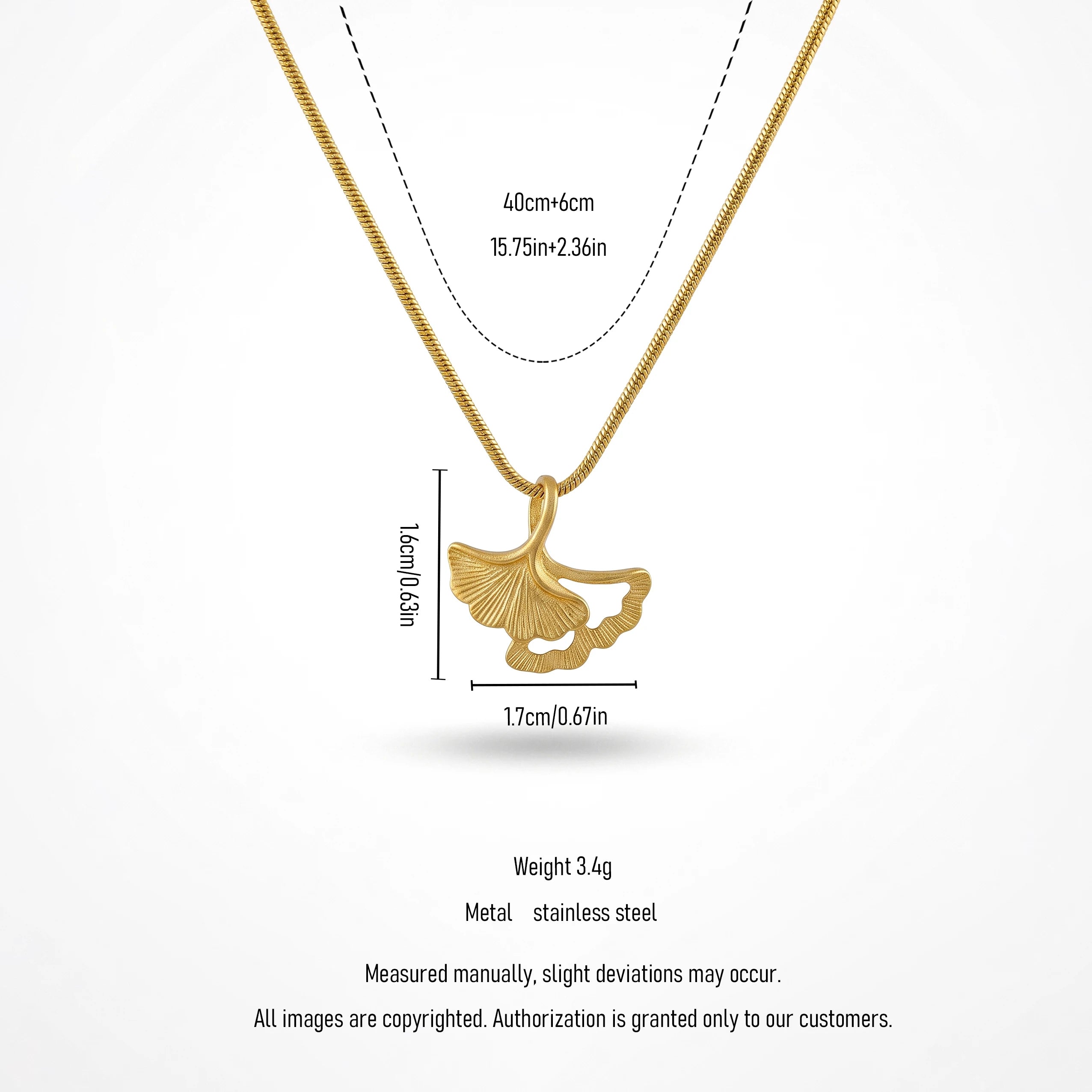 QIAOREN 13714 Snake Chain Pendant Necklace with Matte Hollow Double Ginkgo Leaf Charms, Textured Vintage Gold Collar Jewelry