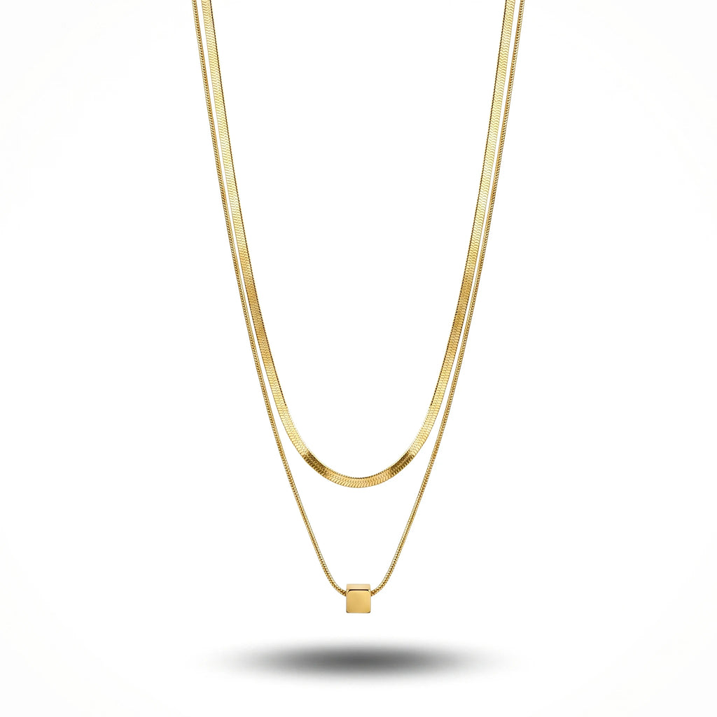 QIAOREN 11688 Minimalist Cube Layered Necklace 18K Gold Stainless Steel Herringbone Chain Choker for Women