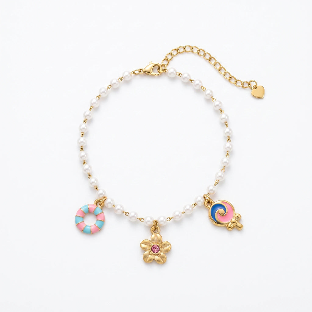 QIAOREN 13322 Tiny Pearl Anklet with Swim Ring, Flower & Lollipop Charms, Sweet Foot Jewelry Gift for Summer Casual Vibe