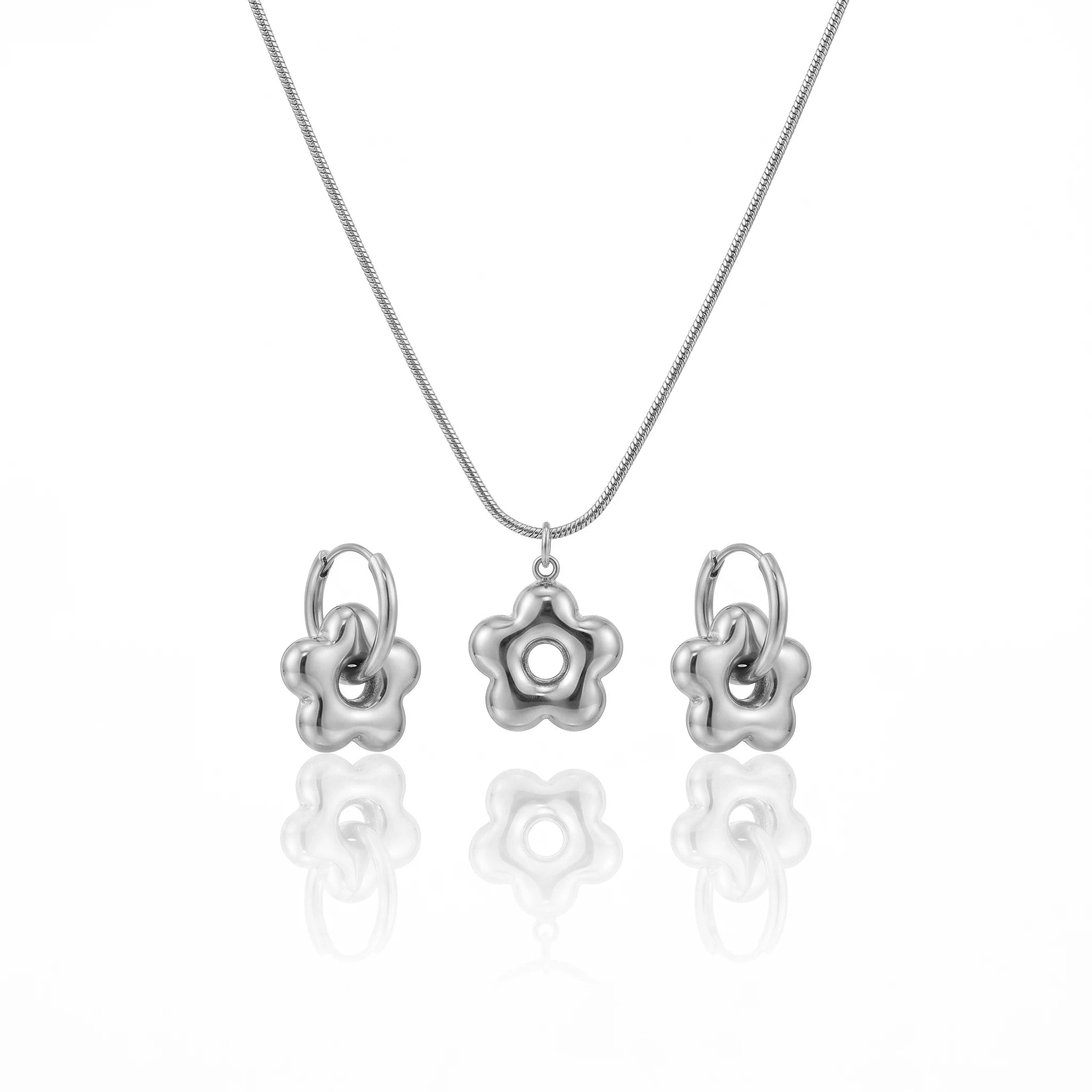 QIAOREN 12866 18K Gold Plated Puffy Flower Necklace Earrings Set, Waterproof Tarnish Free Stainless Steel Jewelry for Women