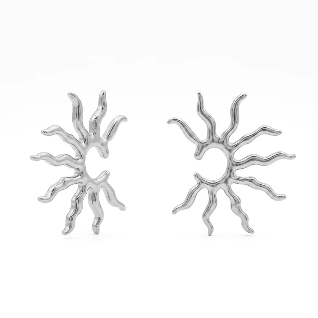 QIAOREN 10739 Stainless Steel Bohemian Sun Earrings, Gold/Silver Tone Sunburst Statement Studs for Women