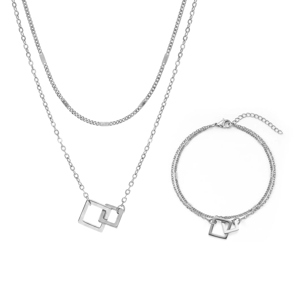 QIAOREN 11641 Women's Versatile Gold Quartz Geometric Jewelry Set 18K Stainless Steel Layered Necklace Bracelet Trendy for