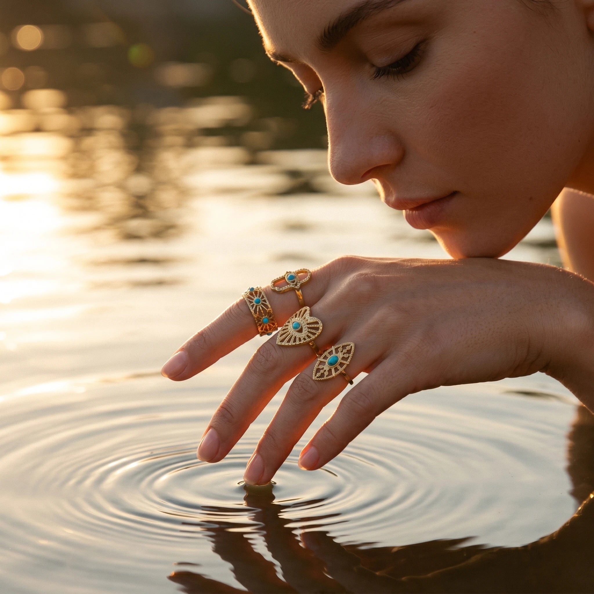 QIAOREN 13155-60 5Pcs Gold Turquoise Open Ring Set Boho Hollow Adjustable Stackable Stainless Steel Jewelry for Women