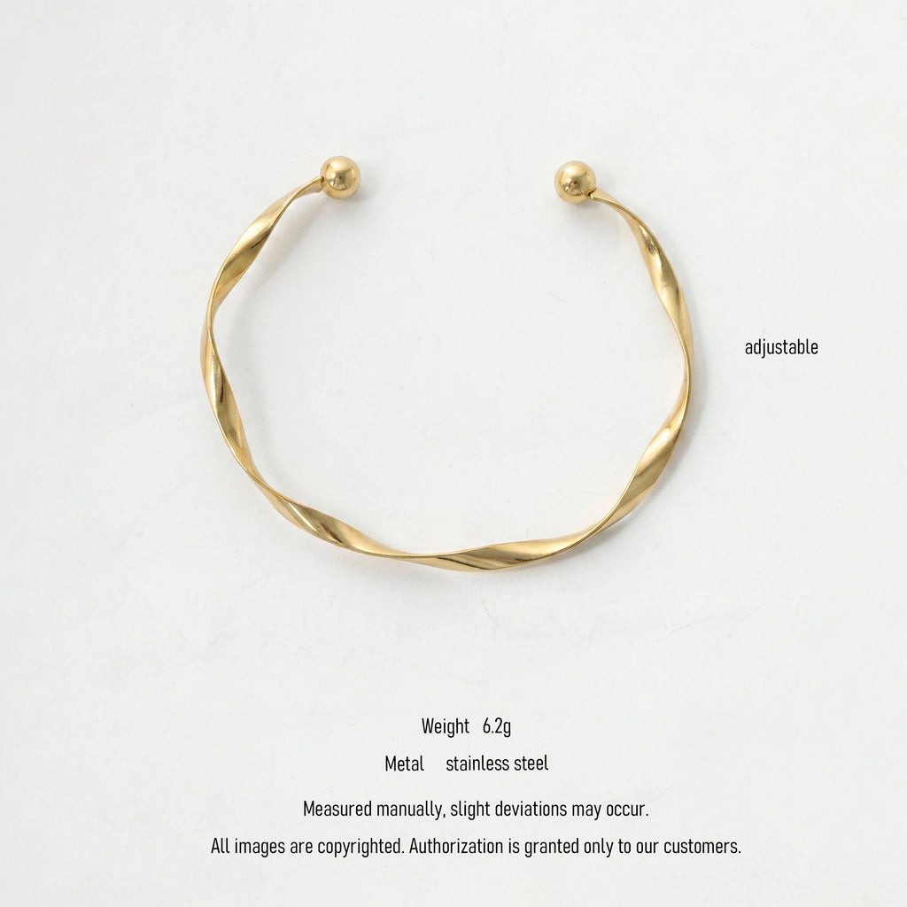 QIAOREN 11011 Minimalist Twisted Gold Cuff Bracelet Stainless Steel Adjustable Open Bangle for Women Beach Jewelry