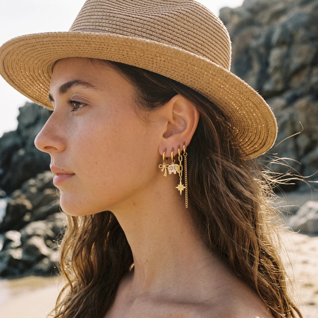 QIAOREN 14478 Stainless Steel Gold Dangle Huggie Hoop Earrings Set, Enamel Elephant, Bow, North Star & Chain Tassel Ear Jewelry