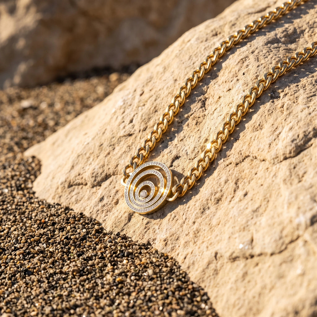 QIAOREN 14418 Paved CZ Concentric Circle Pendant Curb Chain Necklace, Stainless Steel Necklace Jewelry Gift