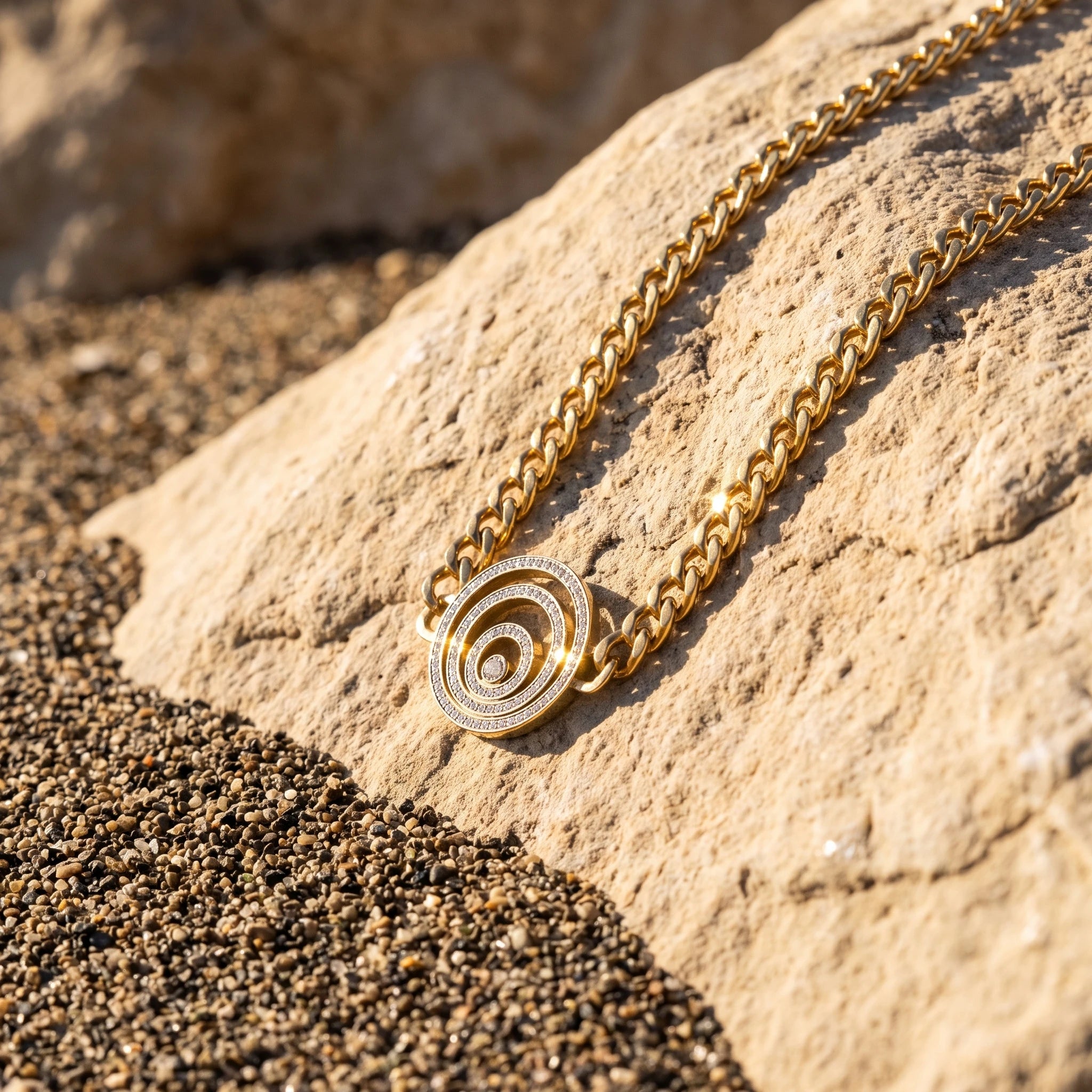 QIAOREN 14418 Paved CZ Concentric Circle Pendant Curb Chain Necklace, Stainless Steel Necklace Jewelry Gift