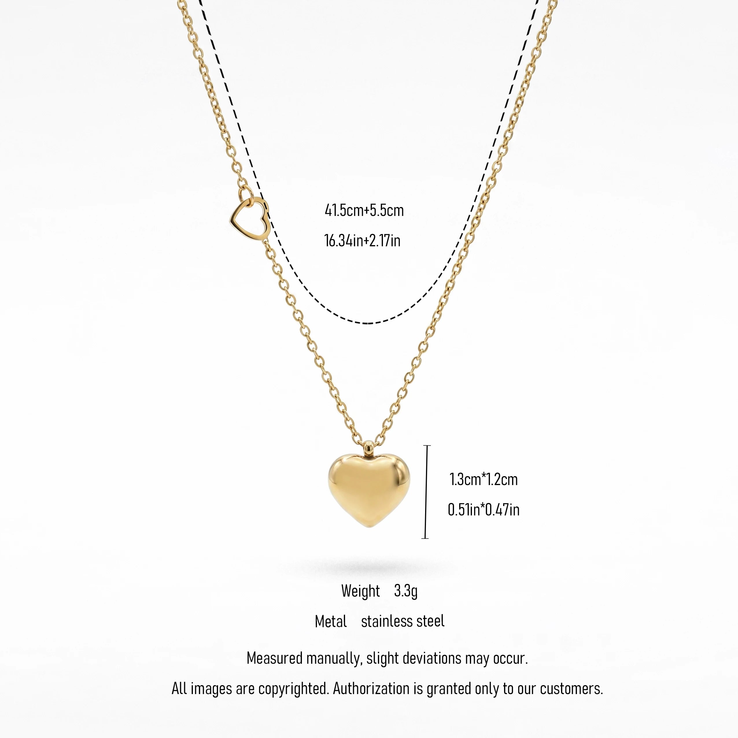 QIAOREN 10824 18K Gold Plated Asymmetrical Double Heart Pendant Necklace Stainless Steel Tarnish Free Waterproof Jewelry