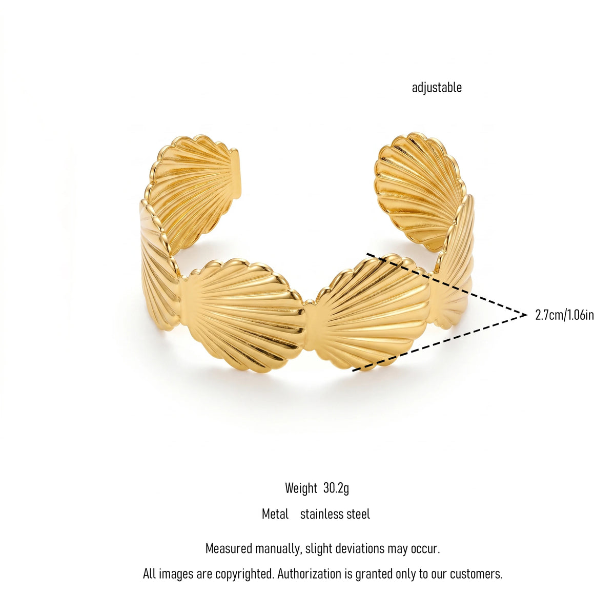 QIAOREN 12725 Nautical Embossed Fan Shell Wide Cuff Bangle Hypoallergenic Stainless Steel Gold Bracelet Vacation Birthday Gift