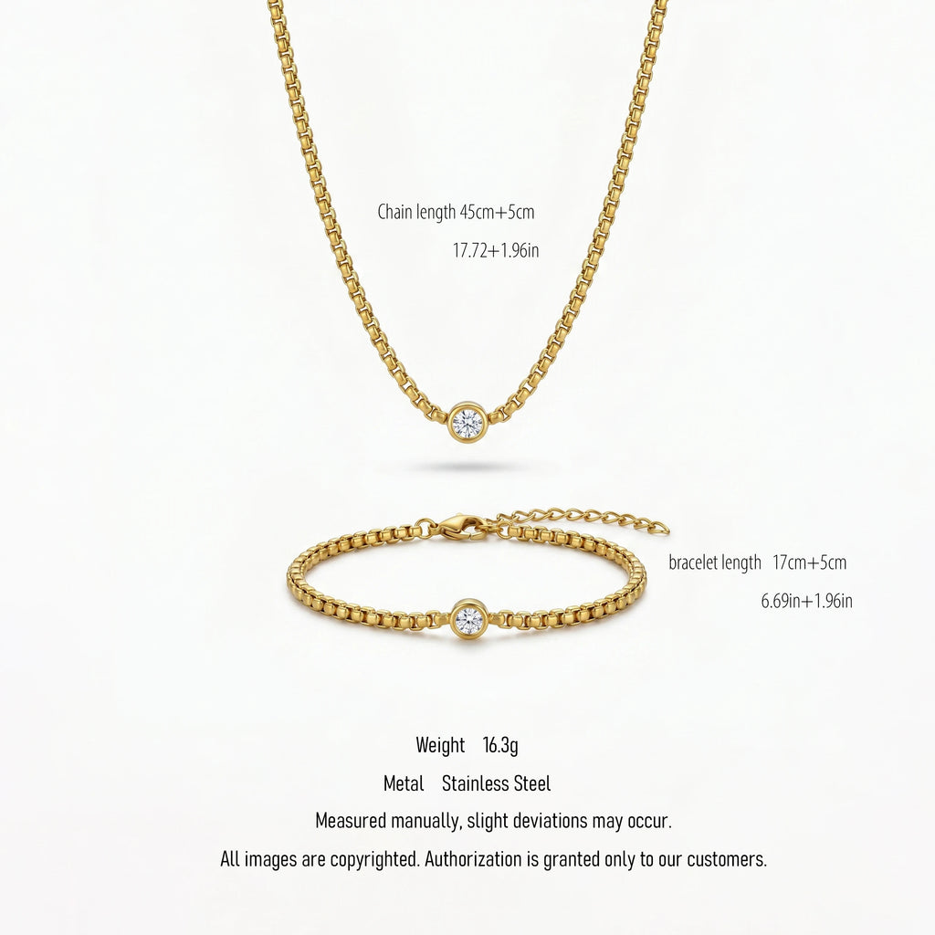 QIAOREN 10542 18K Gold Plated Stainless Steel Chain Jewelry Set - Waterproof CZ Bezel Solitaire Necklace & Bracelet for Women