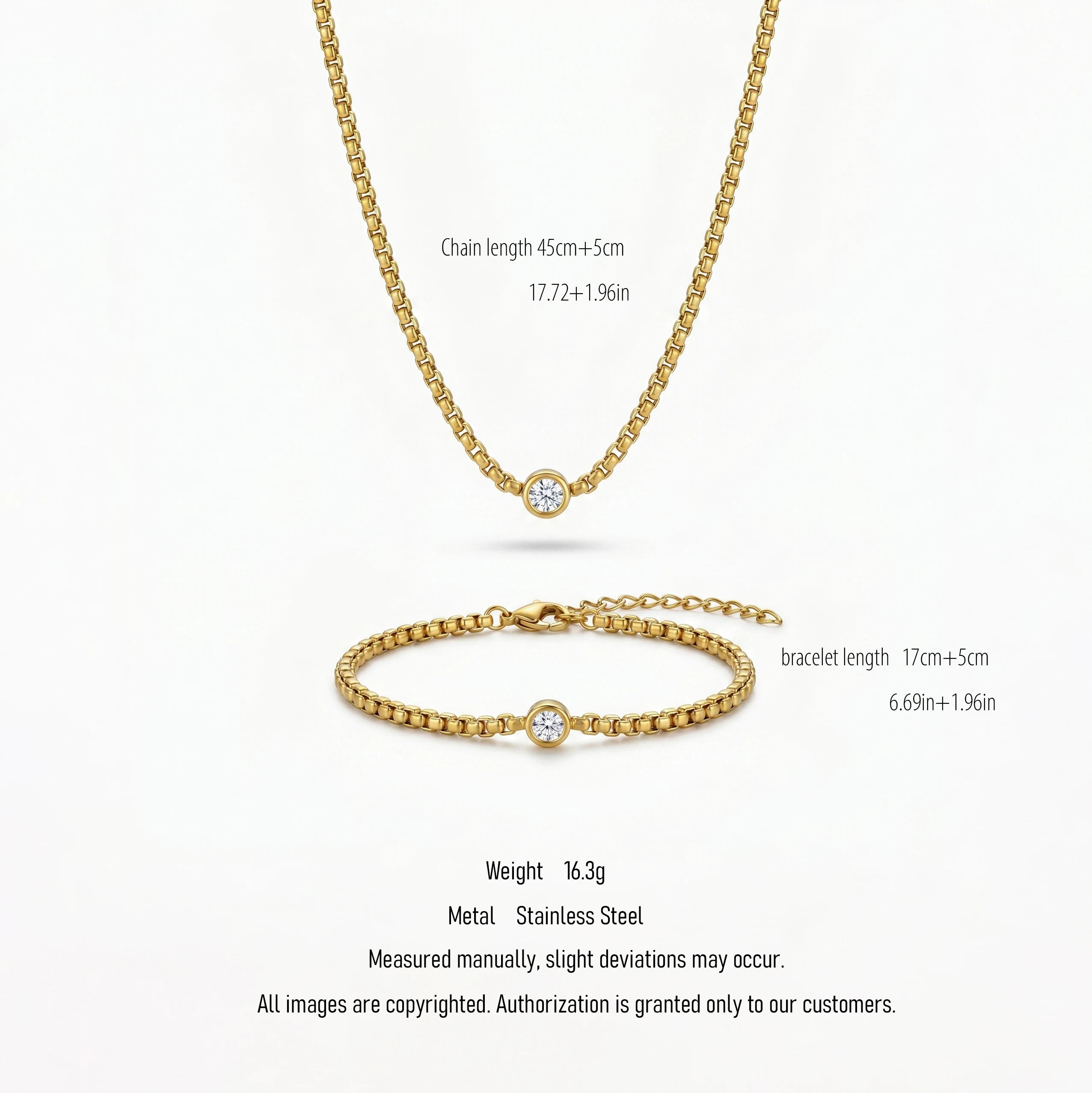 QIAOREN 10542 18K Gold Plated Stainless Steel Chain Jewelry Set - Waterproof CZ Bezel Solitaire Necklace & Bracelet for Women
