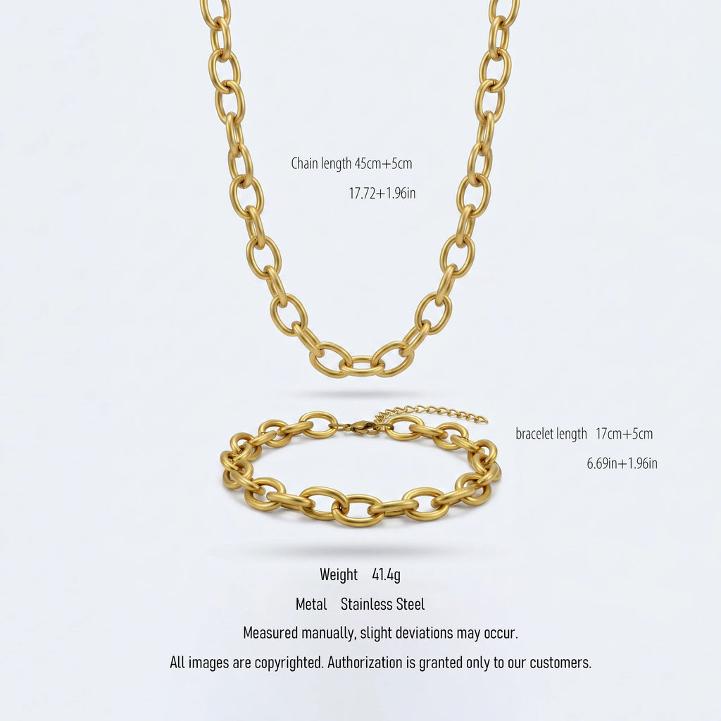 QIAOREN 10543 18K Stainless Steel Trendy Oval Link Chain Necklace Bracelet Waterproof Tarnish Free Adjustable Jewelry Set