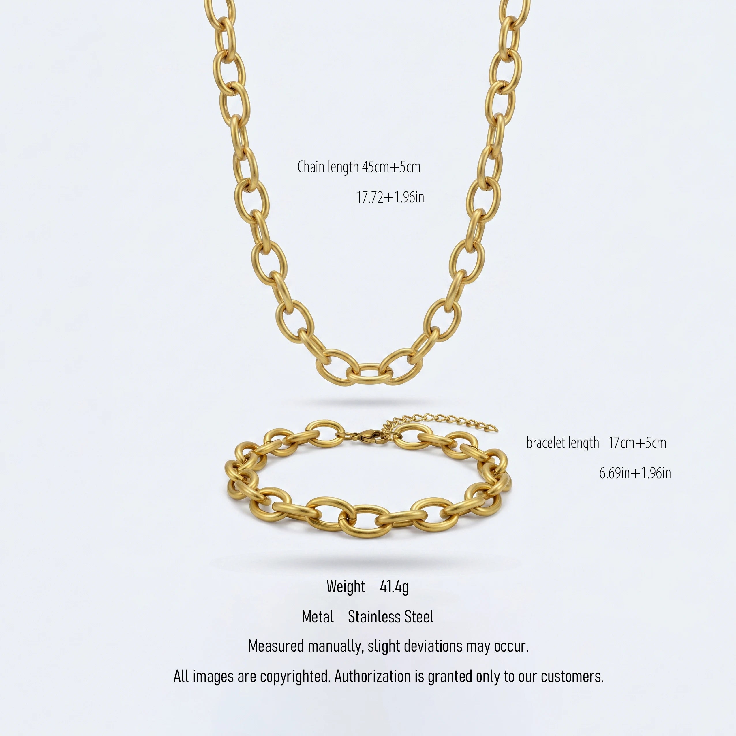 QIAOREN 10543 18K Stainless Steel Trendy Oval Link Chain Necklace Bracelet Waterproof Tarnish Free Adjustable Jewelry Set