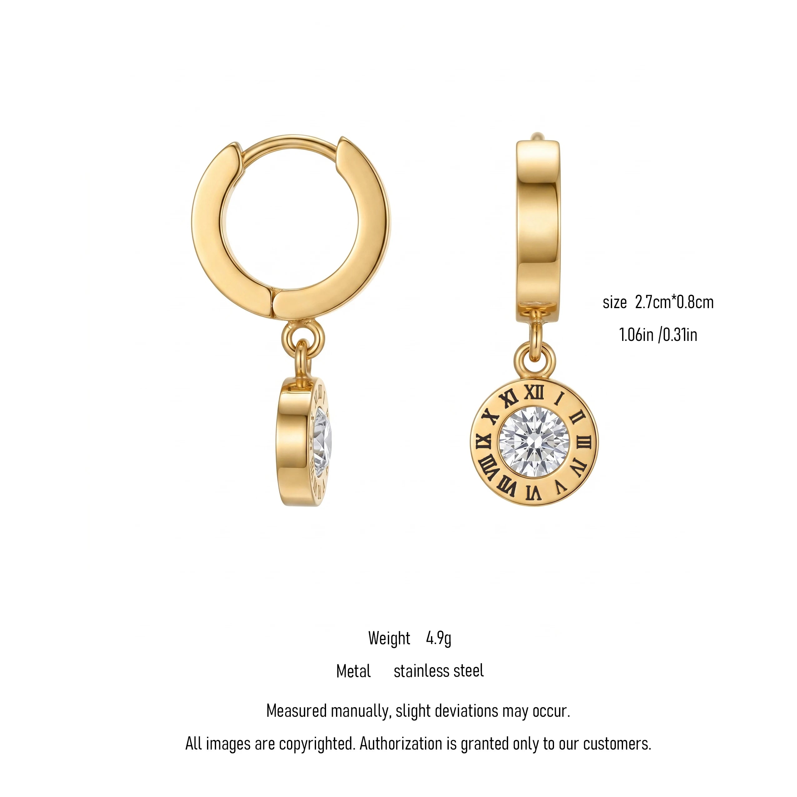 QIAOREN 10745 Stainless Steel Roman Numeral Charm Hoop Earrings, CZ Stone Retro-Inspired Long-Wearing Gold/Silver Finish Jewelry