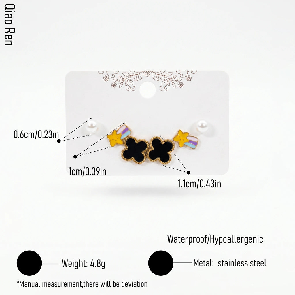 QIAOREN 14505 Stainless Steel Black Clover Shooting Star Pearl Tiny Studs Multi Pack Fashion Jewelry Gift