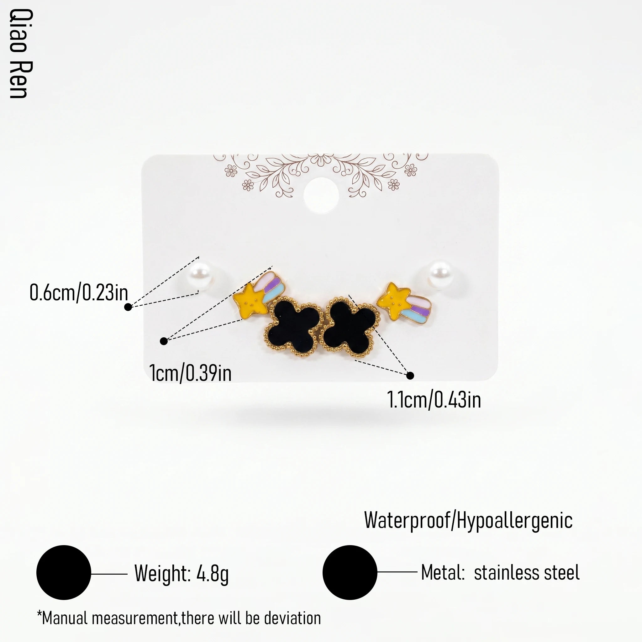 QIAOREN 14505 Stainless Steel Black Clover Shooting Star Pearl Tiny Studs Multi Pack Fashion Jewelry Gift