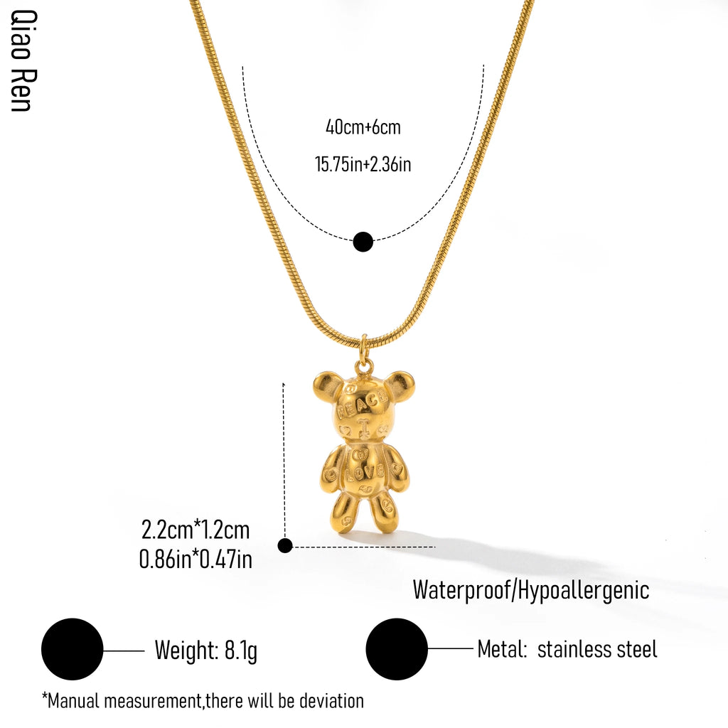 QIAOREN 14377 Peace Love Engraved Teddy Bear Pendant Snake Chain Necklace, Stainless Steel Necklace Jewelry Gift