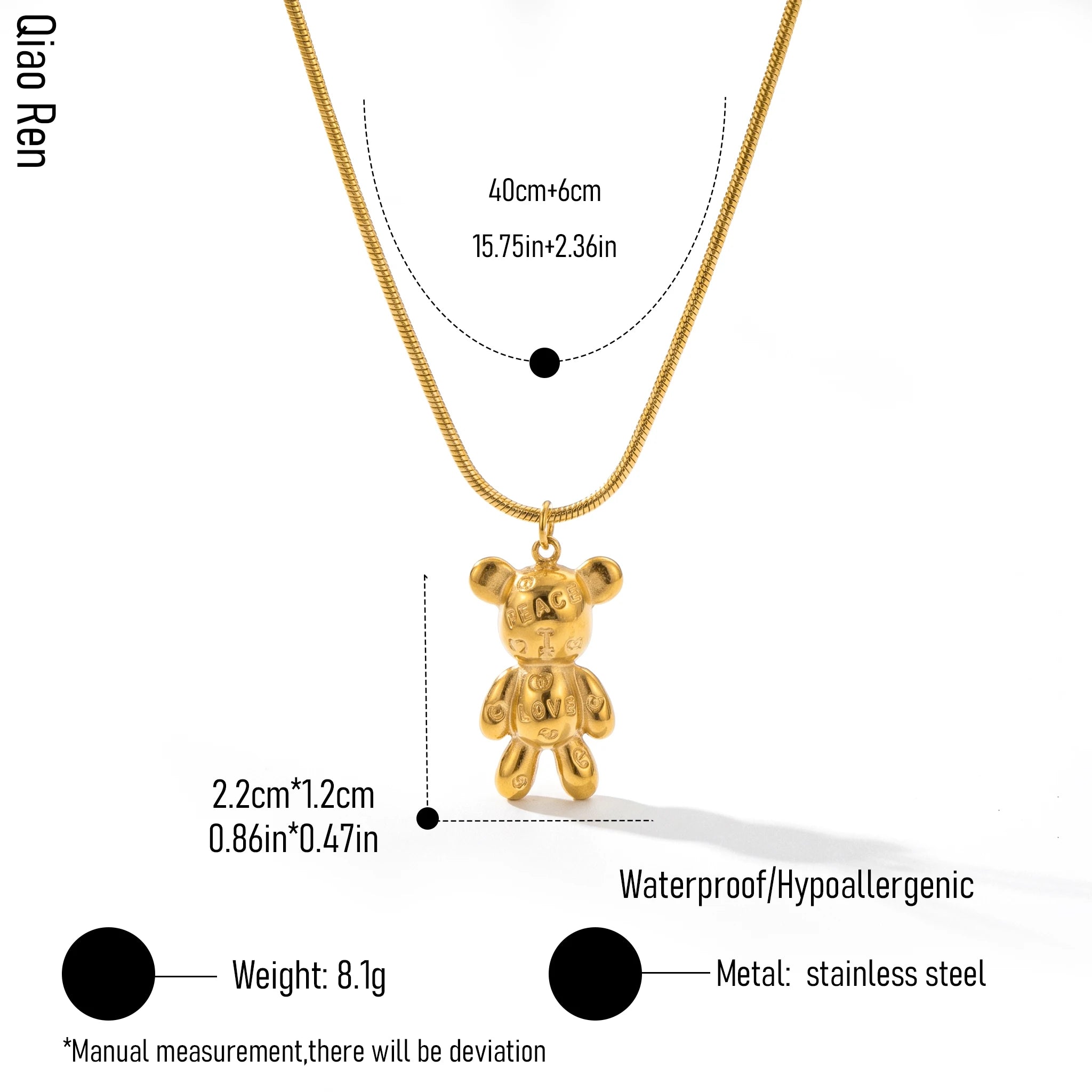 QIAOREN 14377 Peace Love Engraved Teddy Bear Pendant Snake Chain Necklace, Stainless Steel Necklace Jewelry Gift