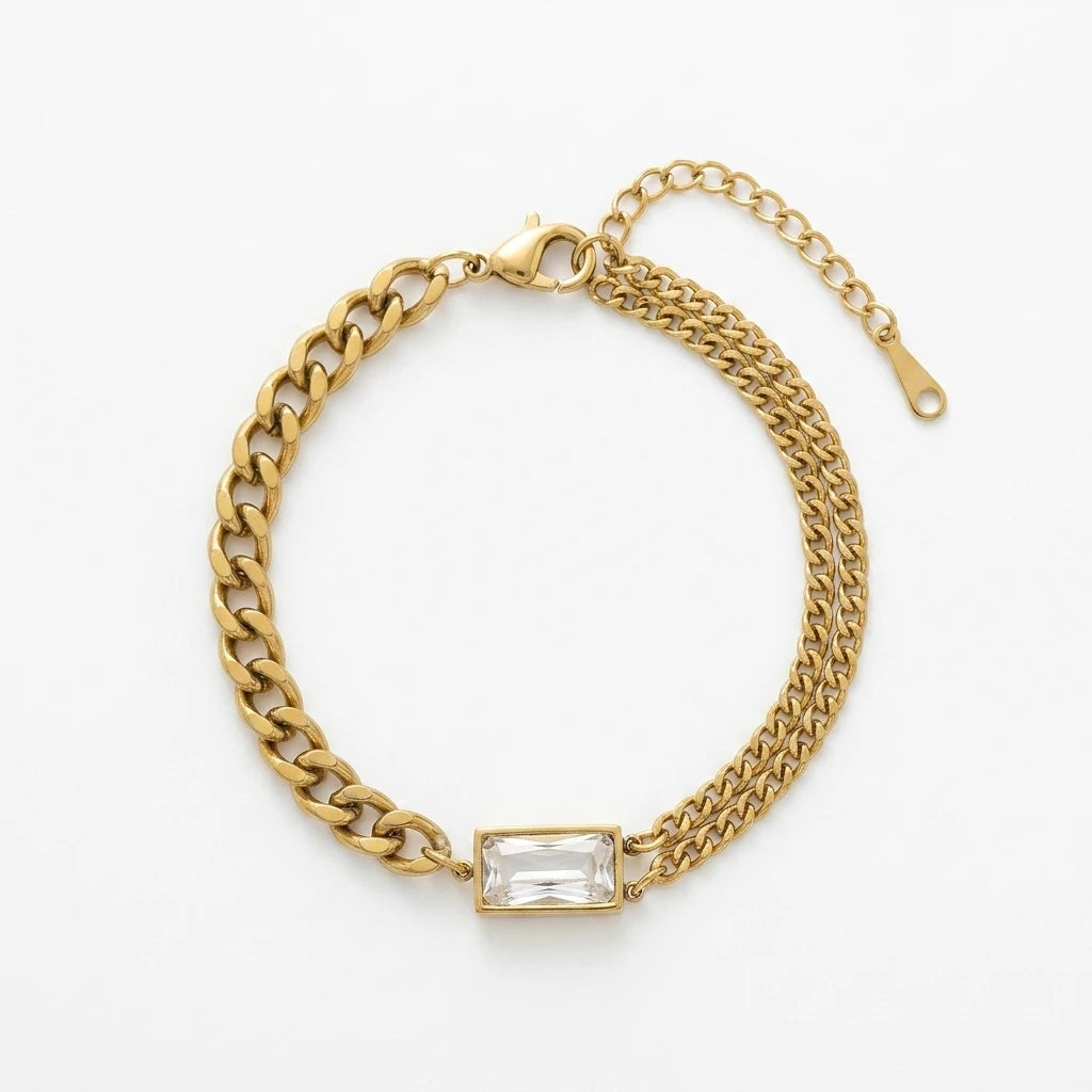 QIAOREN 13358 Gold Plated Stainless Steel Cuban Link Bracelet Red Crystal Chunky Chain Statement Jewelry for Women