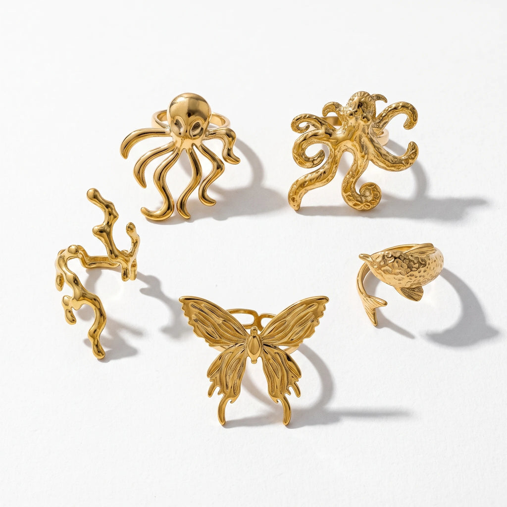 QIAOREN 14294-303 Ocean Inspired Animal Butterfly Open Cuff Ring Set, Adjustable Stackable Gold Tone Statement Rings
