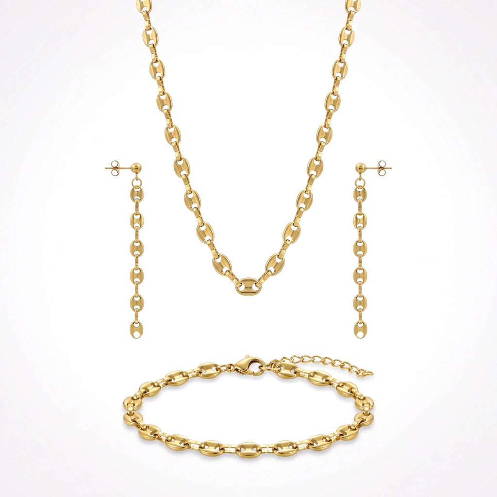 QIAOREN 11523 Retro Mariner Link Jewelry Set 18K Gold Plated Stainless Steel Necklace Earrings Bracelet for Women