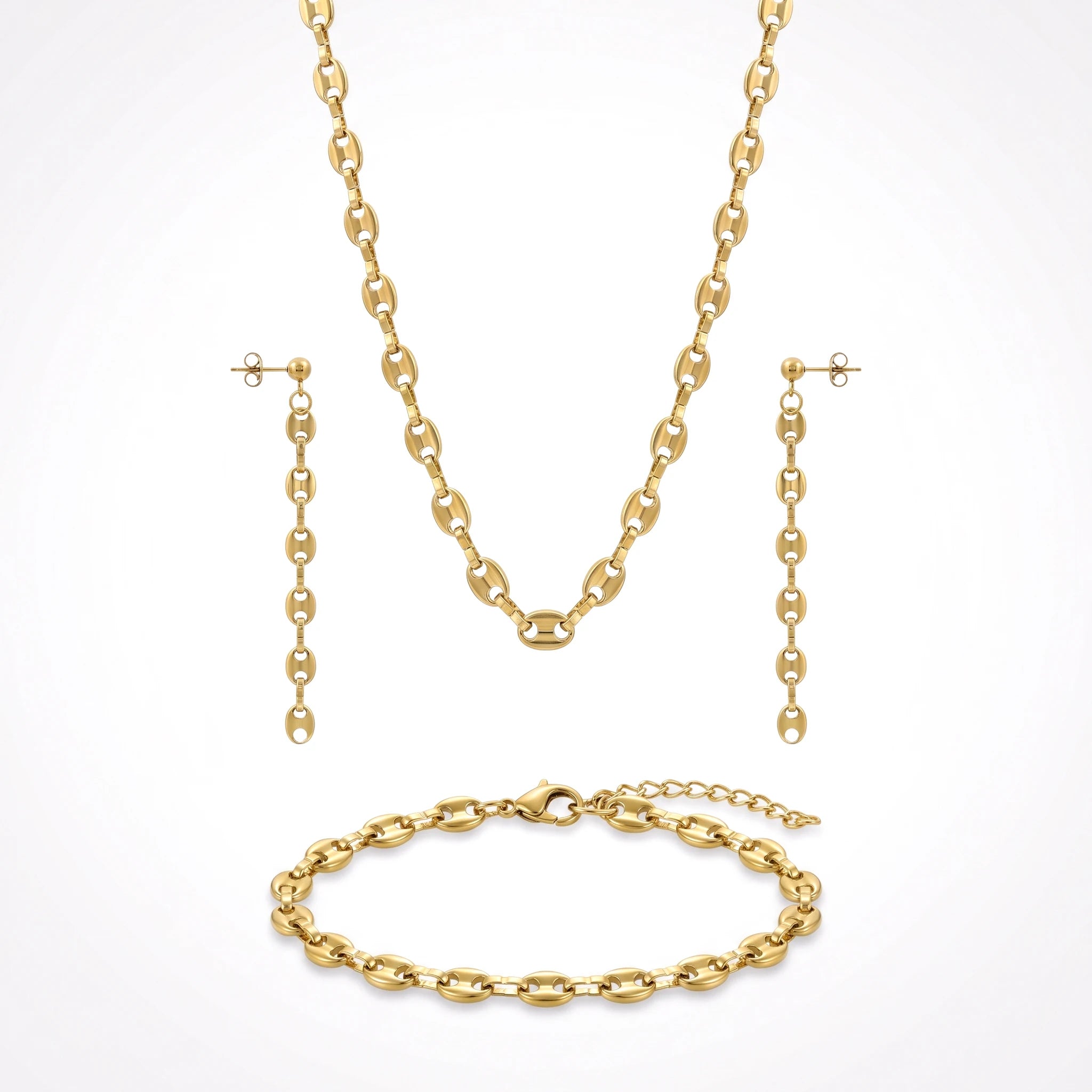 QIAOREN 11523 Retro Mariner Link Jewelry Set 18K Gold Plated Stainless Steel Necklace Earrings Bracelet for Women