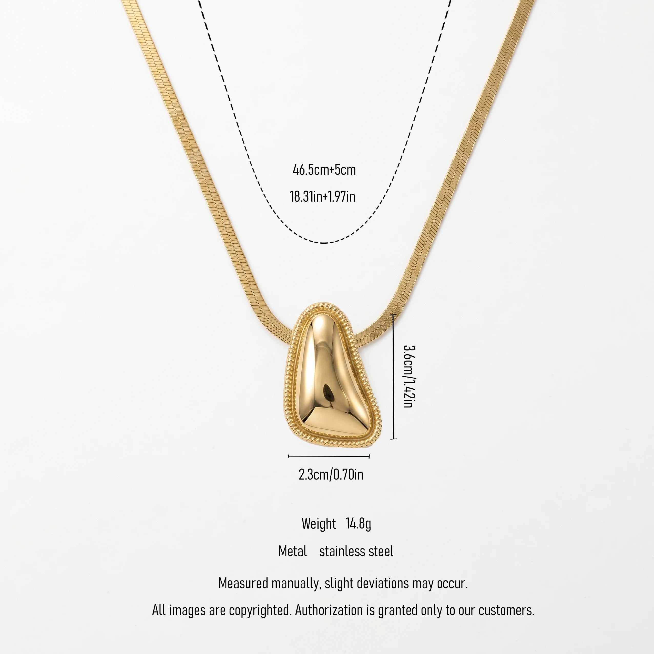 QIAOREN 11835 Stainless Steel Gold Herringbone Chain Necklace Irregular Teardrop Pendant Adjustable Women Jewelry