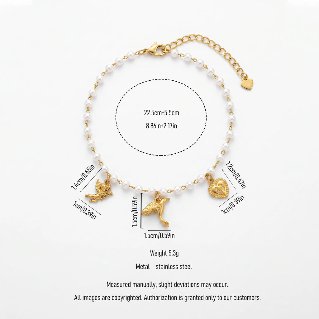 QIAOREN 13321 Sweet Tiny Pearl Anklet with Cupid, Dove & Heart Charms, Retro Love Foot Jewelry Gift for Daily Looks