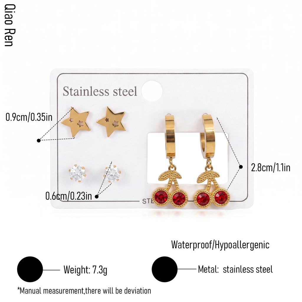 QIAOREN 14529 Waterproof Stainless Steel Cherry Earrings Set Star Hoop Stud Earrings CZ Crystal Jewelry for Women