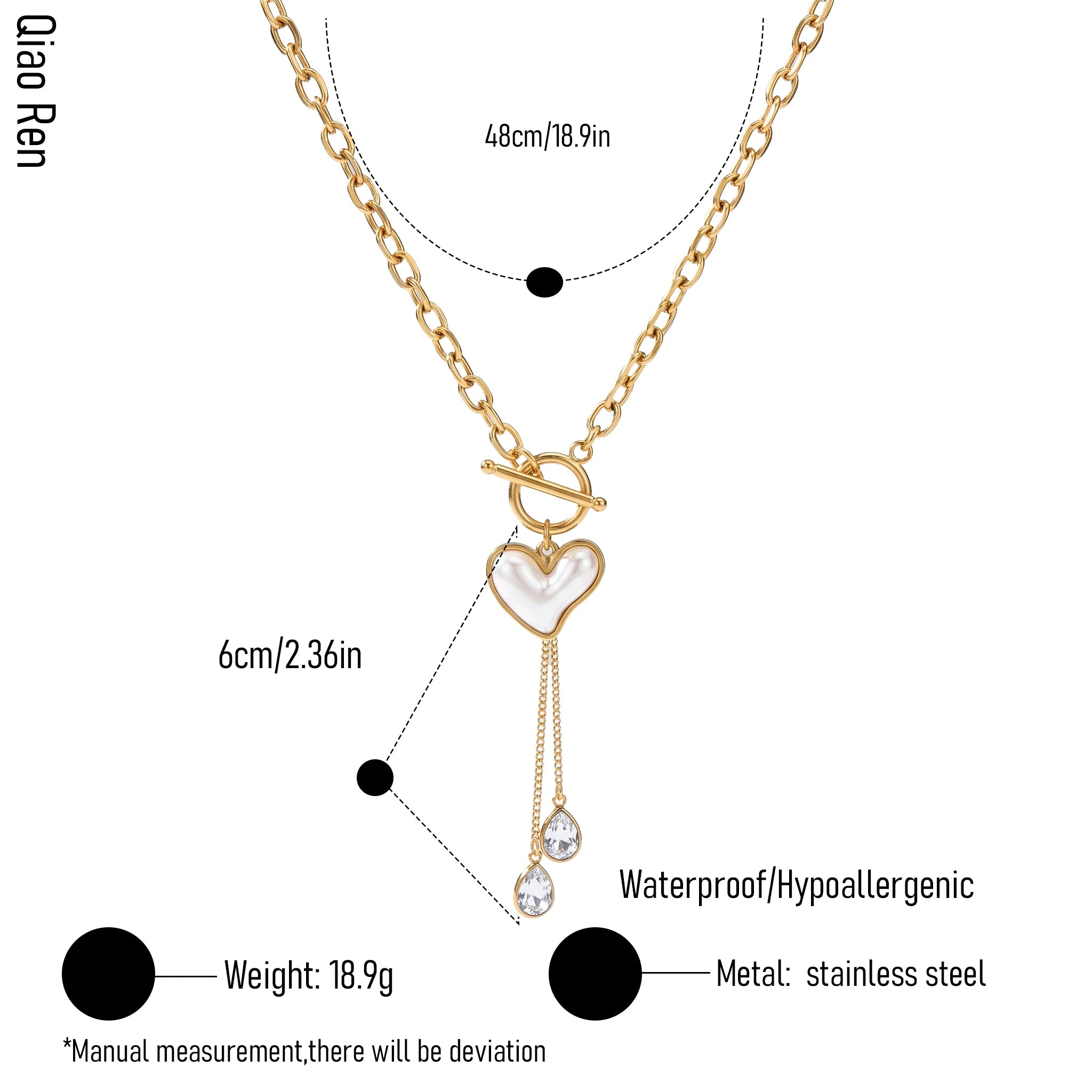 QIAOREN 14419 Heart Shell OT Toggle Tassel Necklace With Teardrop CZ, Stainless Steel Chain Necklace Jewelry Gift