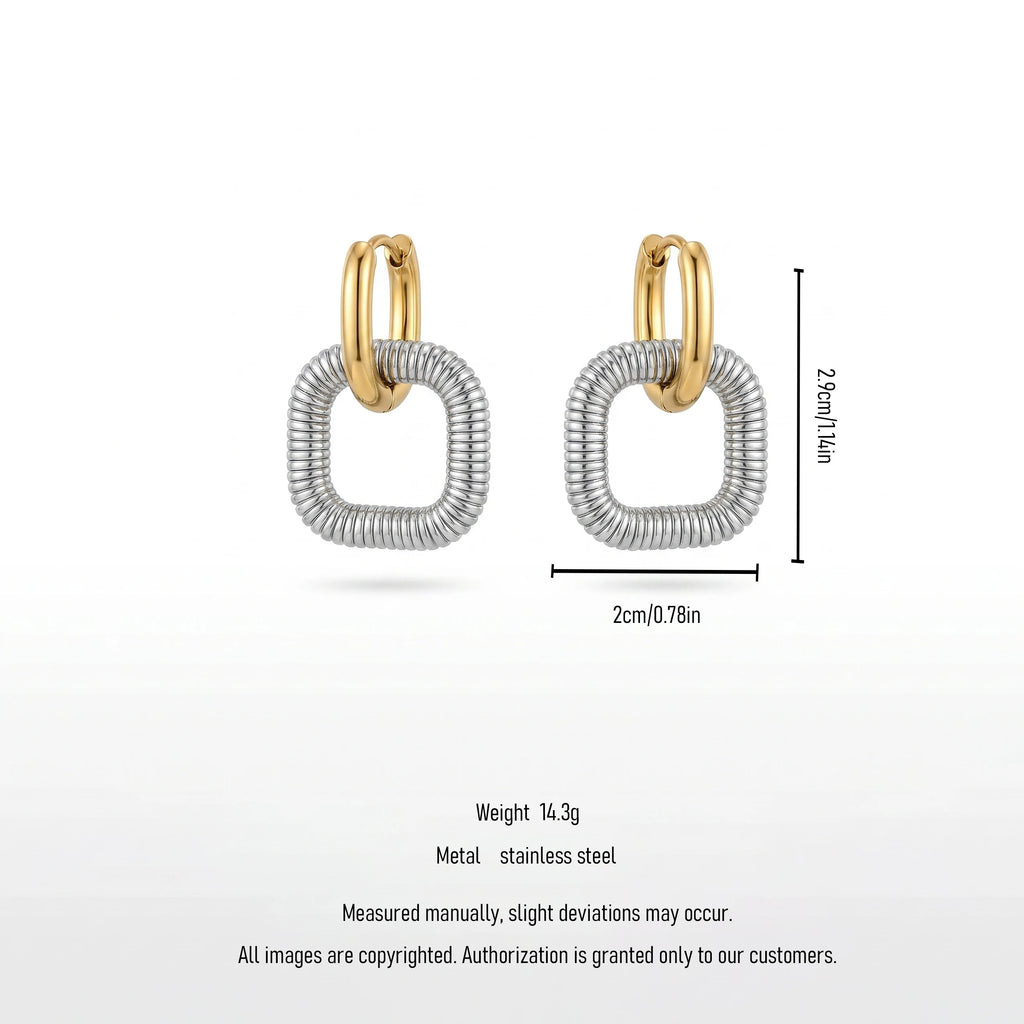 QIAOREN 12758 Waterproof Bi-Color Coiled Square Dangle Earrings Stainless Steel Gold Hoop Silver Textured Drop Ear Accessory