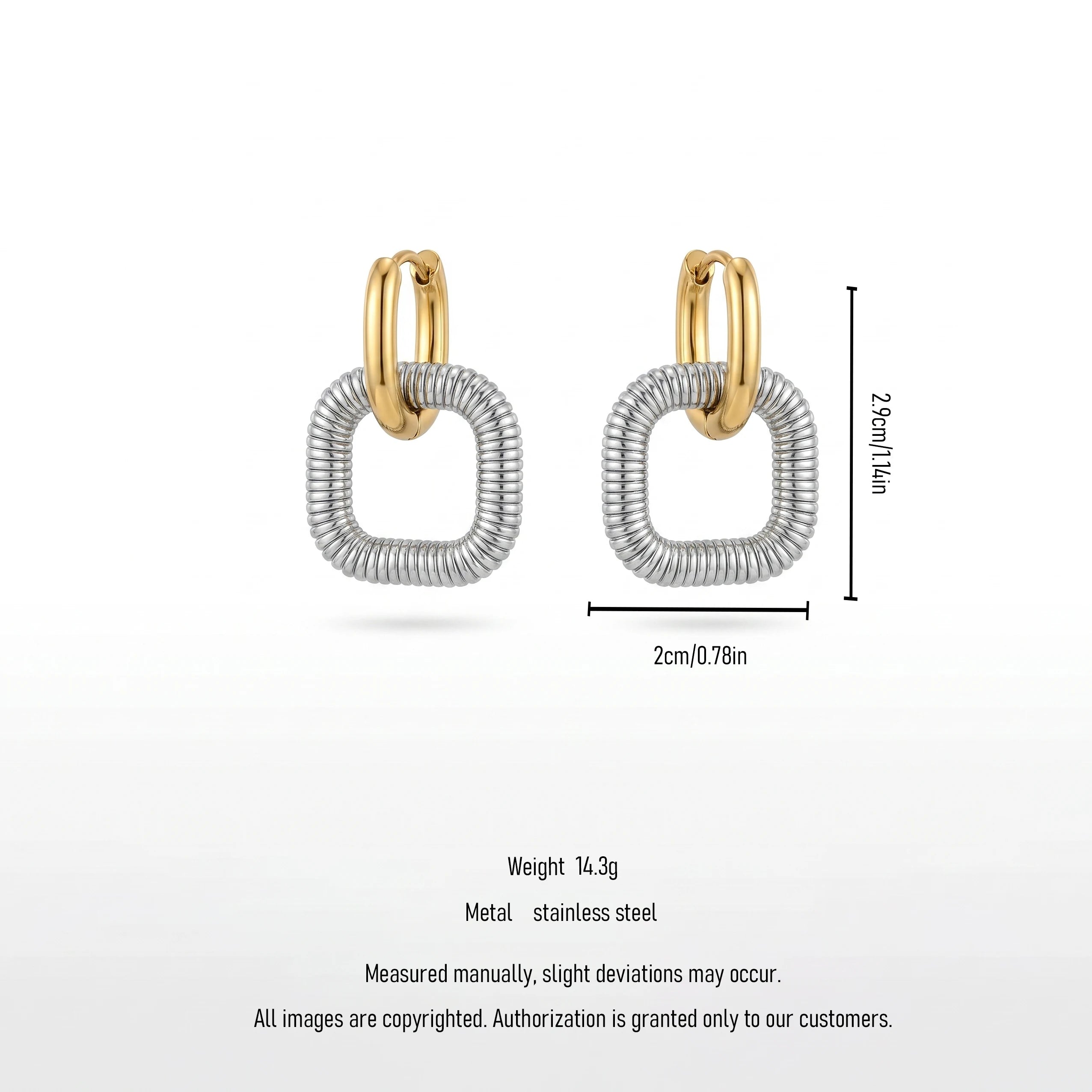 QIAOREN 12758 Waterproof Bi-Color Coiled Square Dangle Earrings Stainless Steel Gold Hoop Silver Textured Drop Ear Accessory